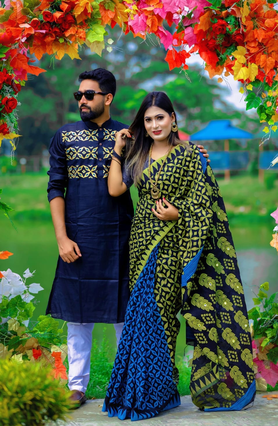 Dhupian Silk Saree and Panjabi Couple Set with Screen Print Work