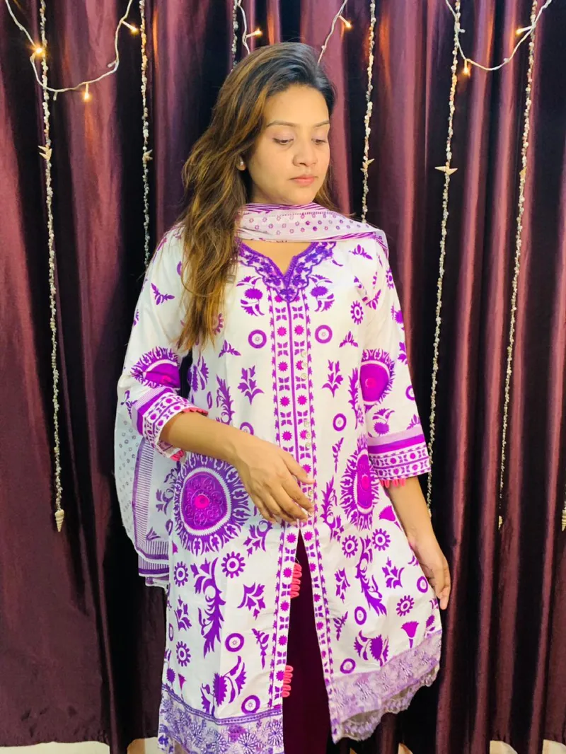 Cotton Skin Print Three Piece with Neck Embroidery, Body 42 and 44