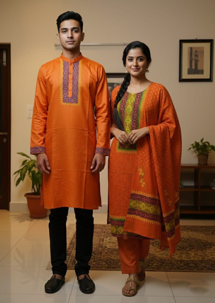 Panjabi and Three Piece Couple Set in Block and Hand Print