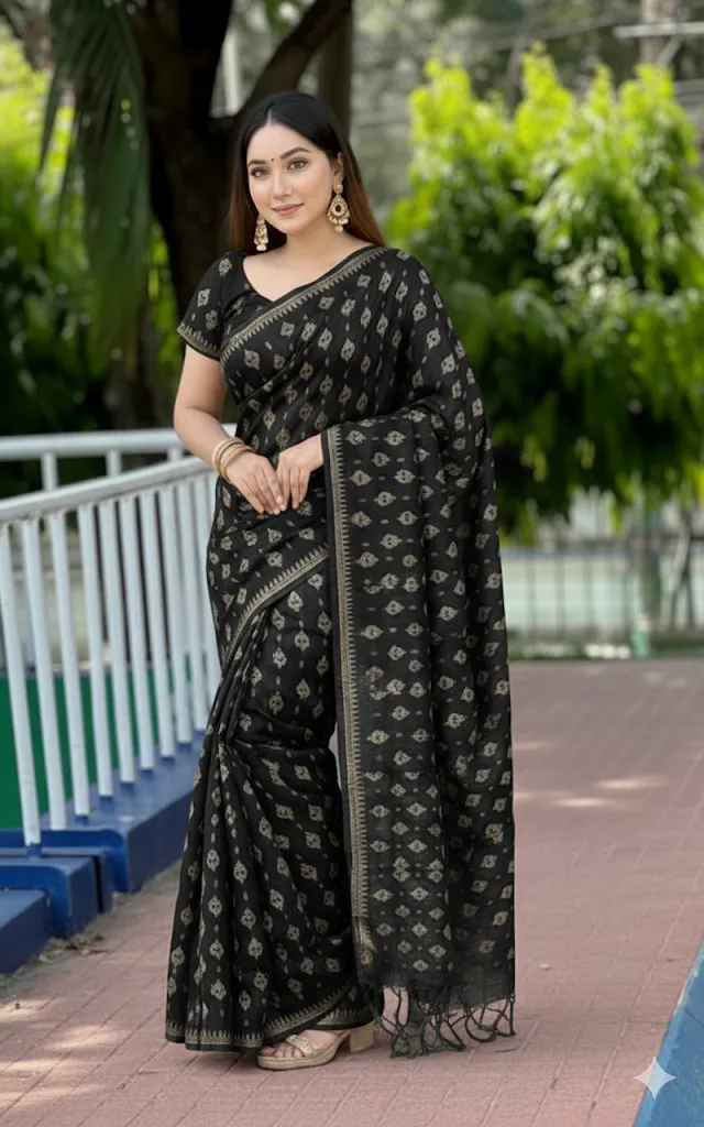 রাবার স্ক্রিন প্রিন্টের সুতি শাড়ি, 14 হাত