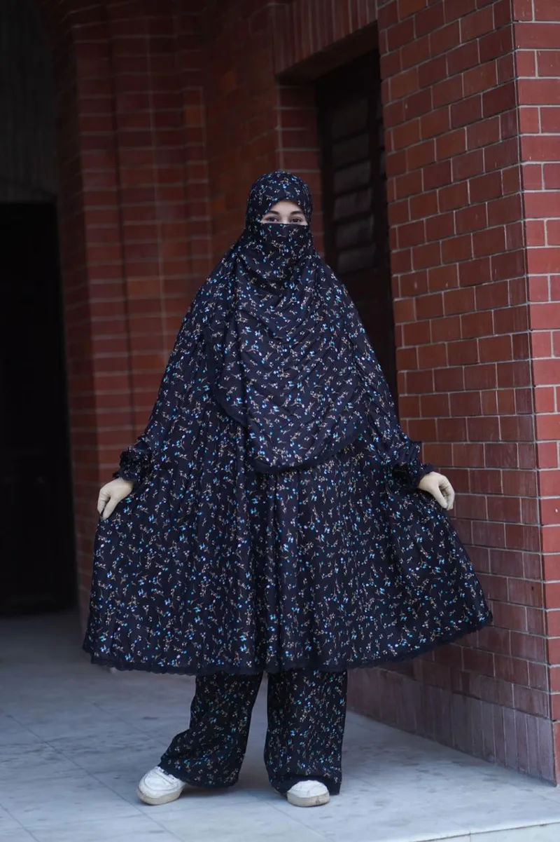 Women's Printed Short Khimar Set with Palazzo, Linen, Free Size