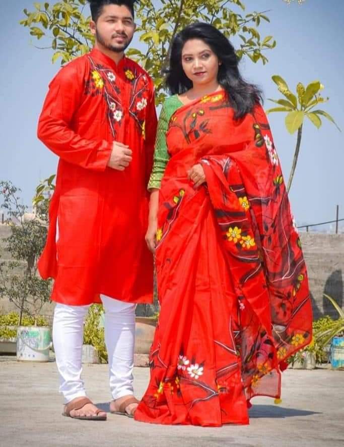 Matching Hand Print Saree and Panjabi Couple Set, Sizes 38 to 46