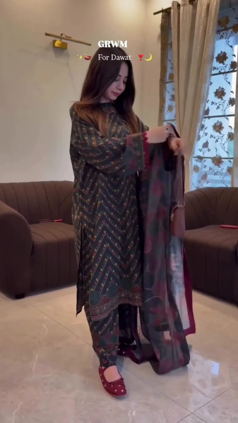 Readymade Digital Print Three Piece with Georgette Orna and Lace