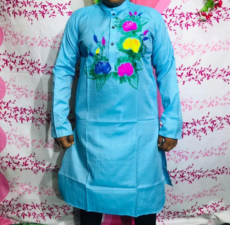 Men's Hand Printed Silk Panjabi, Five Sizes from 38 to 46