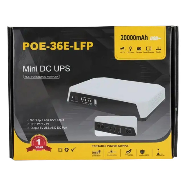SKE POE-36E-LFP 20,000mAh Mini DC UPS – 36W High Power Backup with LiFePO4 Battery (5V/9V/12V 3A)