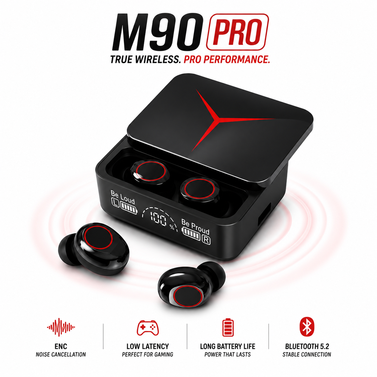 M90 Pro TWS ট্রু ওয়্যারলেস ইয়ারবাডস – Bluetooth 5.3, ENC ও 1200mAh পাওয়ার ব্যাংক চার্জিং কেস