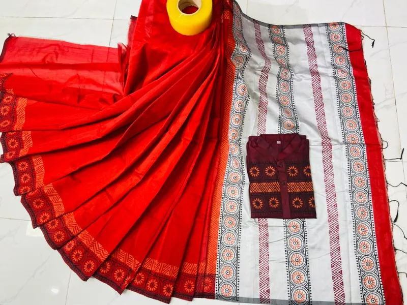 Block Print Couple Set, Dhupian Silk Saree and Panjabi, S to XL