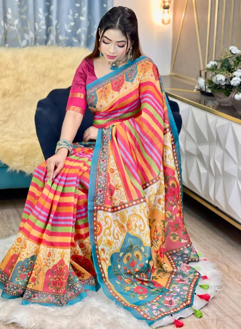 Smooth Chanduri Silk Saree in Bright Digital Print with Tassels