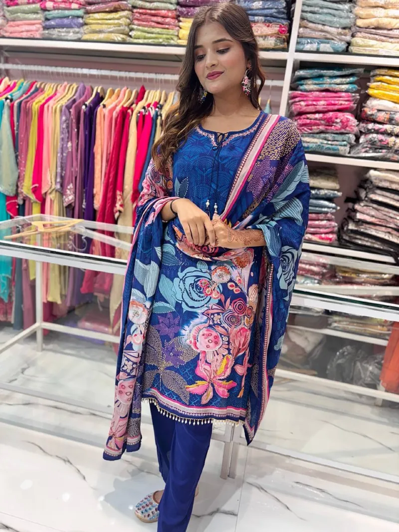 ডিজিটাল প্রিন্ট গাউন থ্রি পিস, কারচুপি ও জর্জেট ওড়না