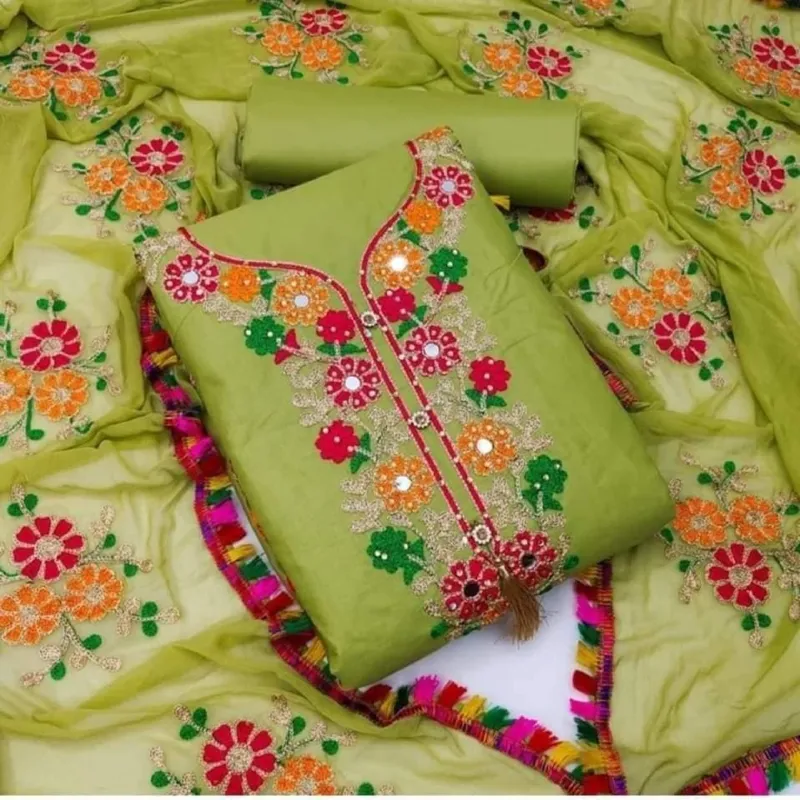 Aari Embroidered Cotton Three Piece, 40 Inch Kameez, 6 Colours