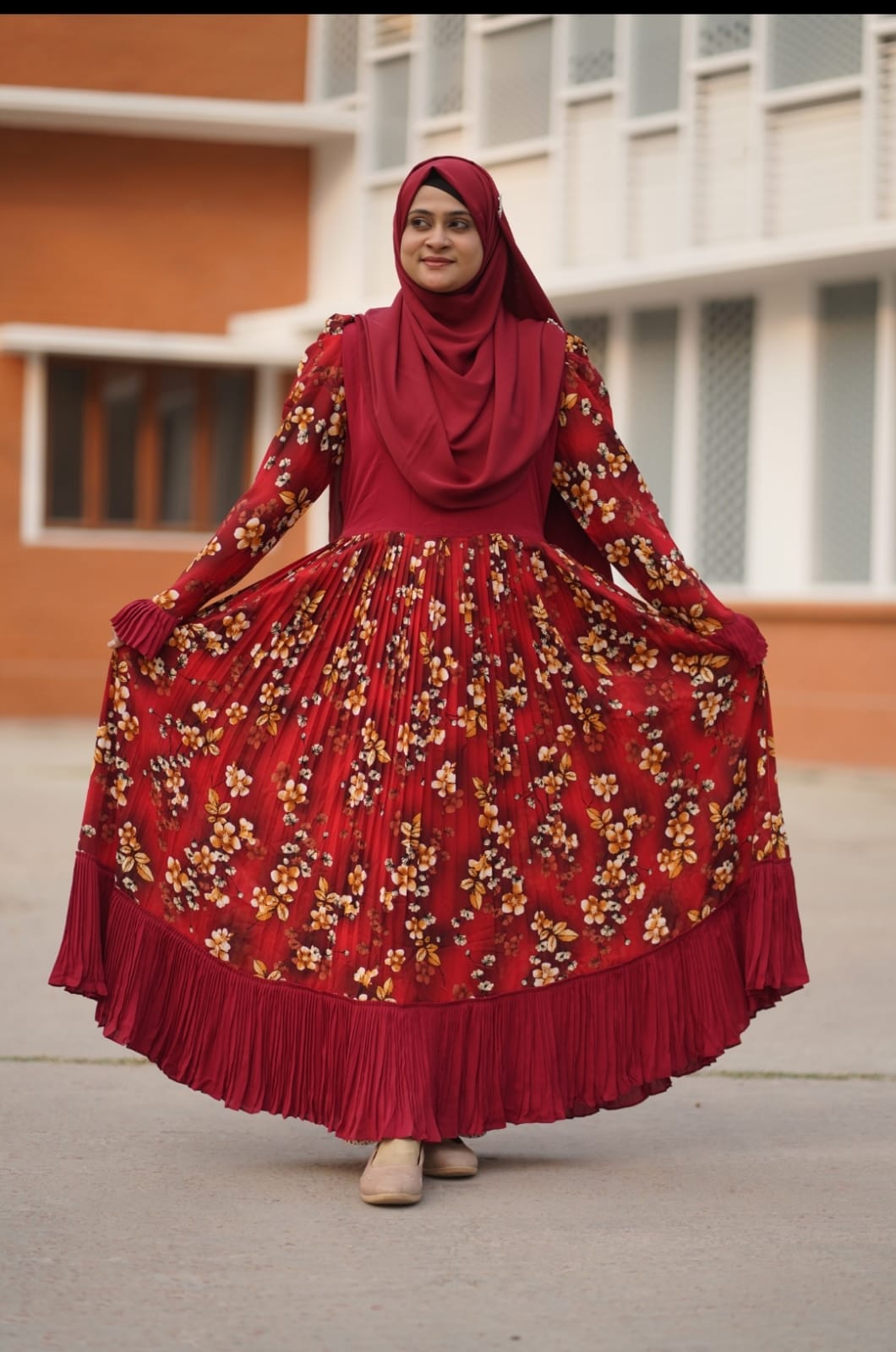 Mousumi Two-Pleat Borka, Brown with Brown Print Combination