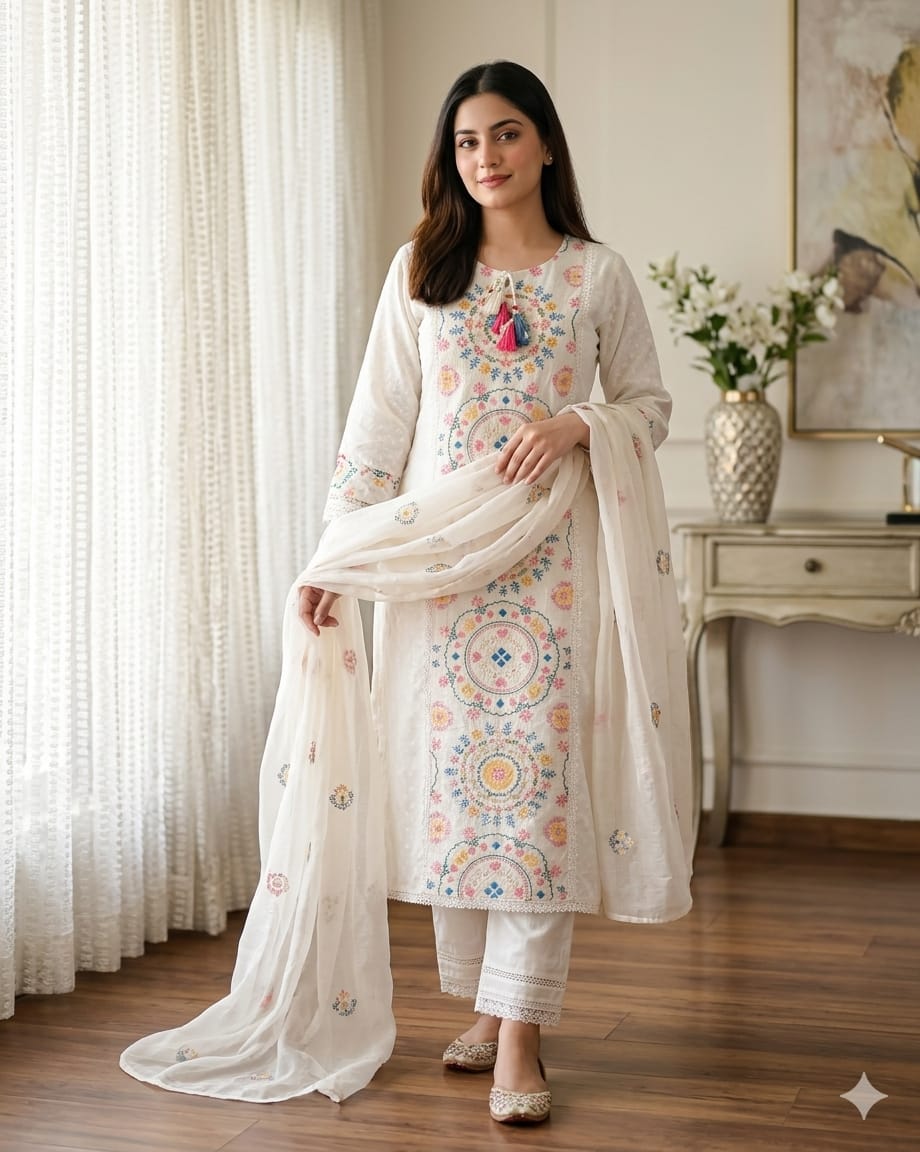 Women's Eid Sequin Embroidery Cotton Three Piece, Printed Orna