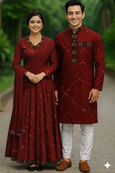 Couple Eid Combo, Panjabi with Pajama and Readymade Gown Three Piece