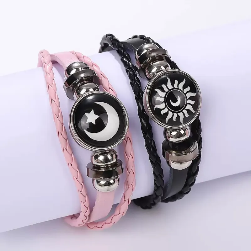Sun and Moon Couple Bracelet Set, Leather with Metal Finish
