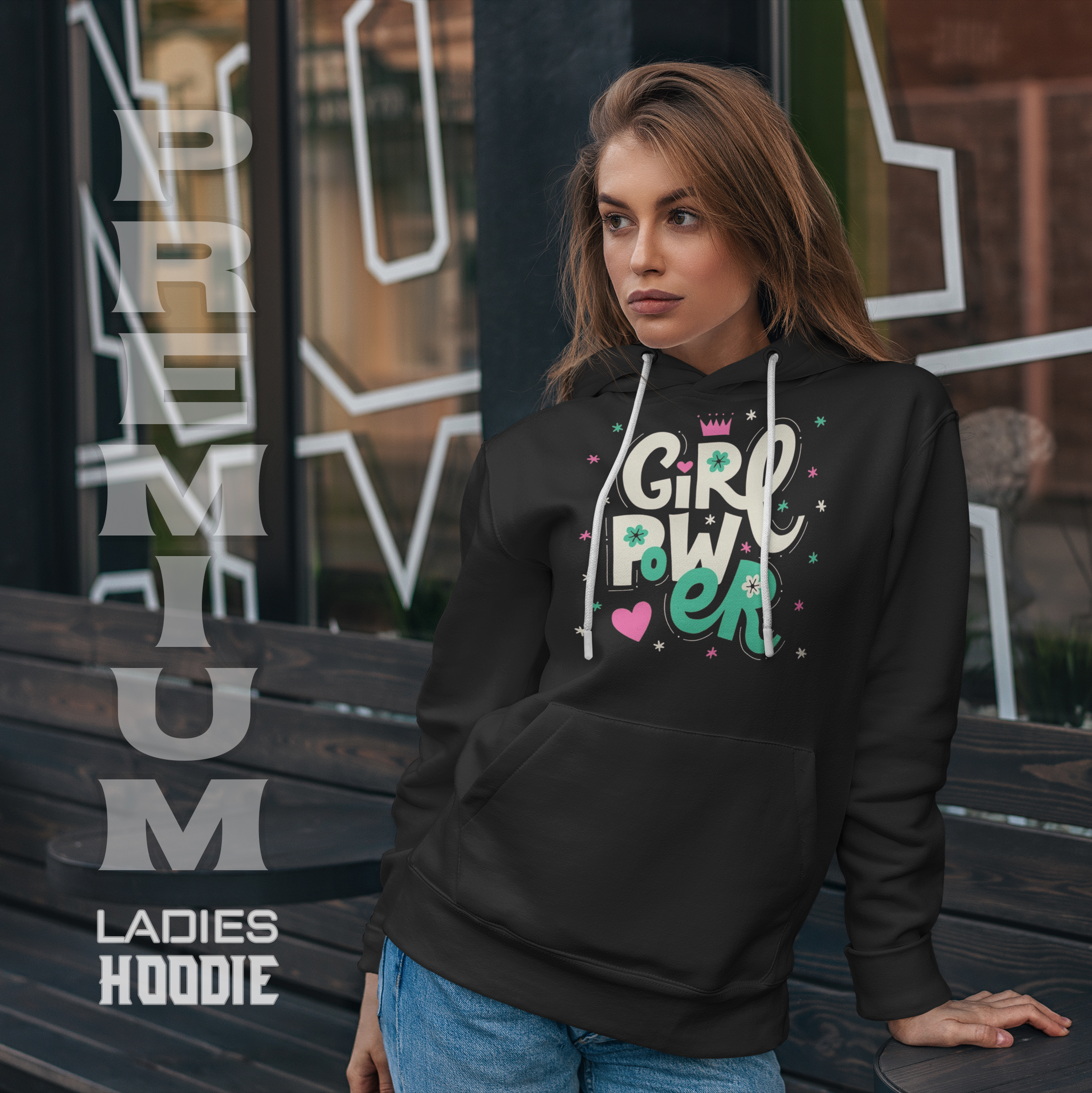 Premium Comfortable Printed Ladies Winter Hoodie ( Black )