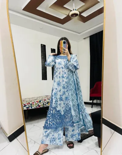 মেয়েদের পিওর কটন এমব্রয়ডারি থ্রি-পিস, 6টি রঙ