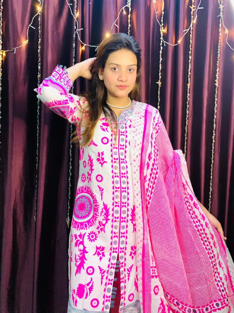 Cotton Skin Print Three Piece with Neck Embroidery, Body 42 and 44
