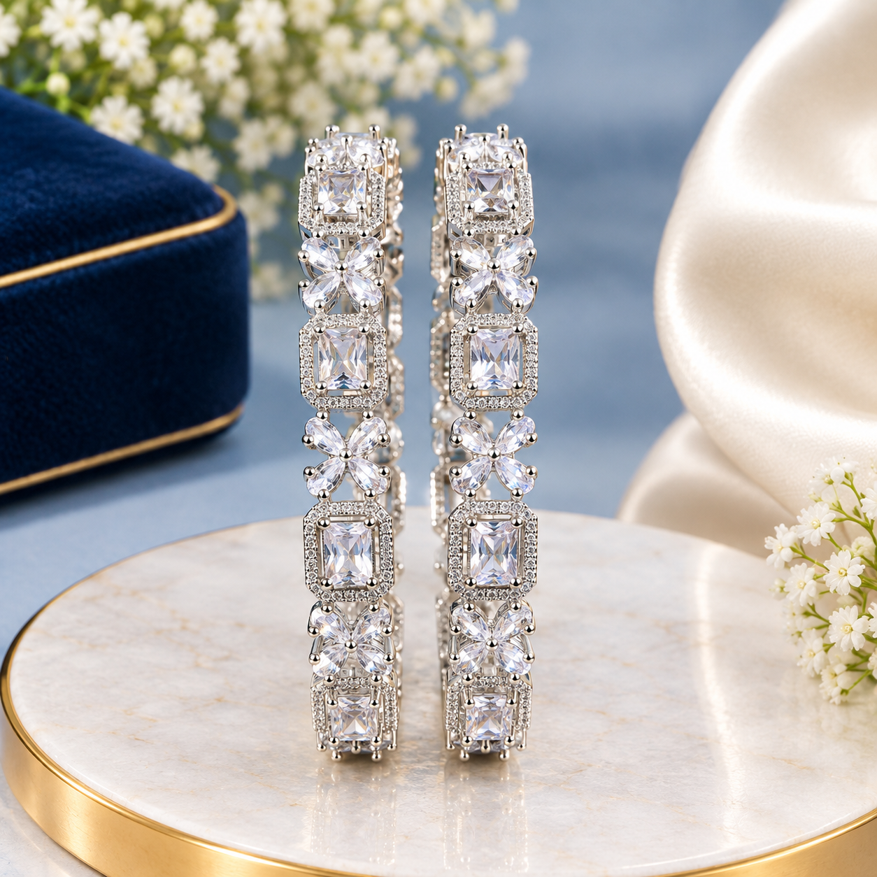 Royal Silver American Diamond Bangle Set