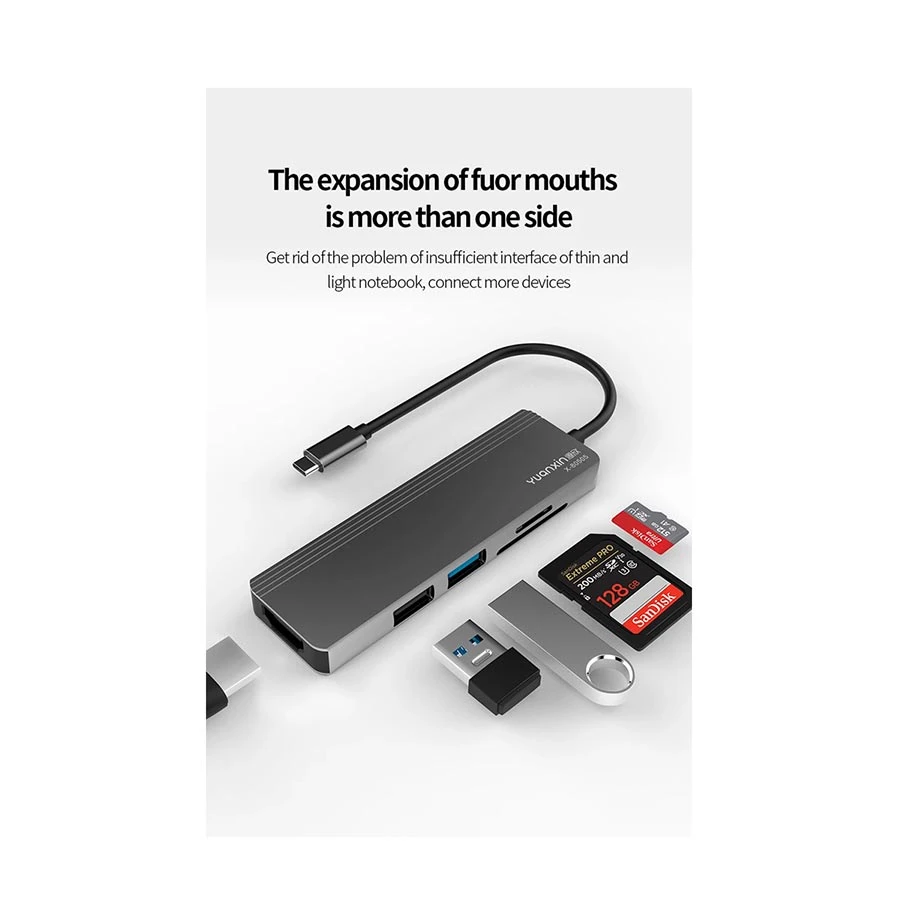 Yuanxin X-80505 Type-C to HDMI, USB 3.0, USB 2.0, TF & SD Hub Black