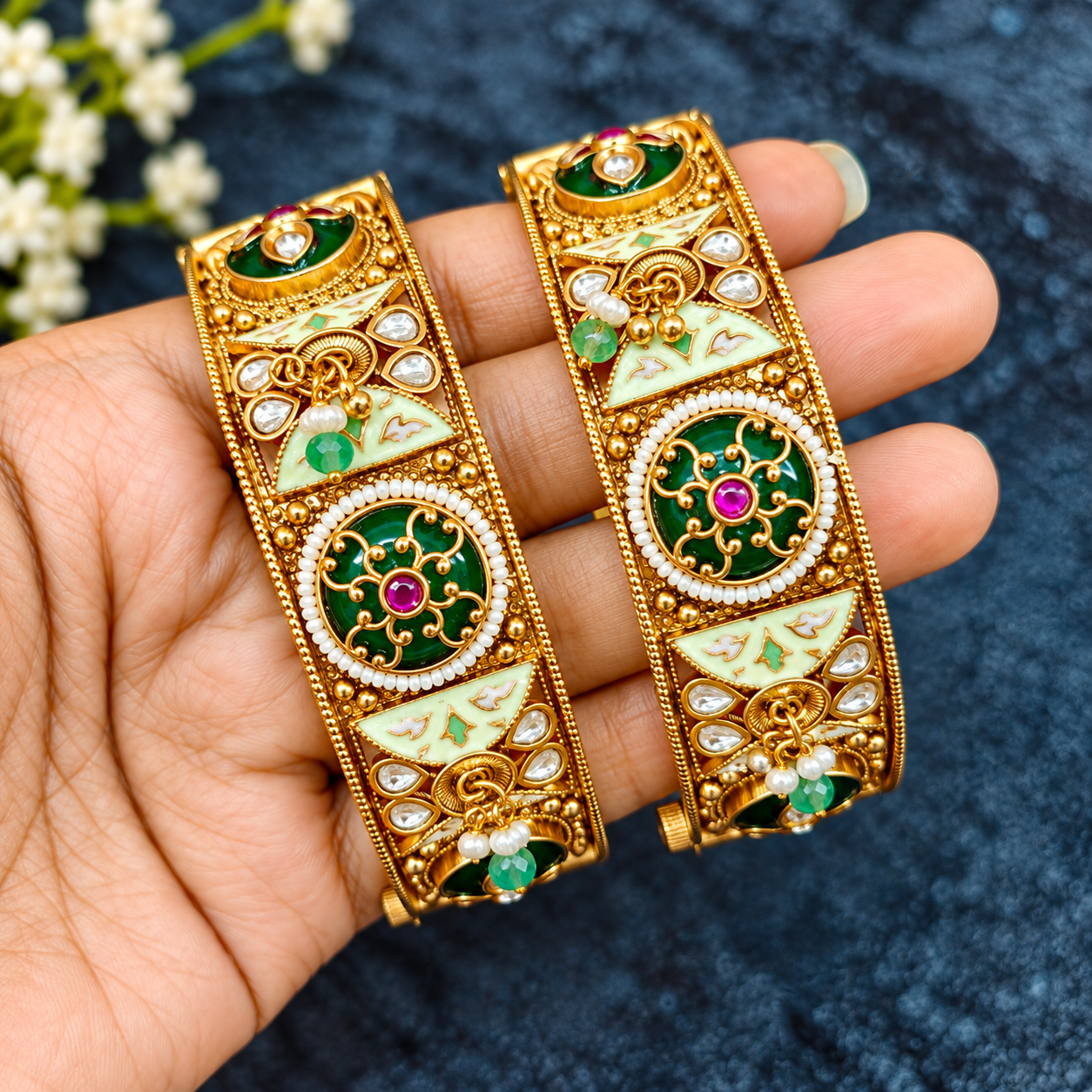 Heritage Kundan & Pearl Minakari Gold-Plated Bangle Set