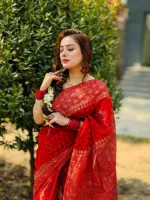 ব্লক প্রিন্ট সেমি মসলিন শাড়ি, কটন ভয়েল ব্লাউজ, 14 হাত