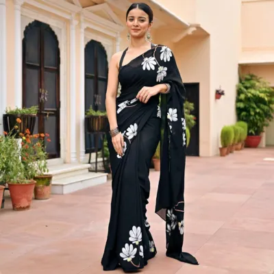 হ্যান্ড প্রিন্ট সেমি মসলিন শাড়ি ব্লাউজ পিসসহ