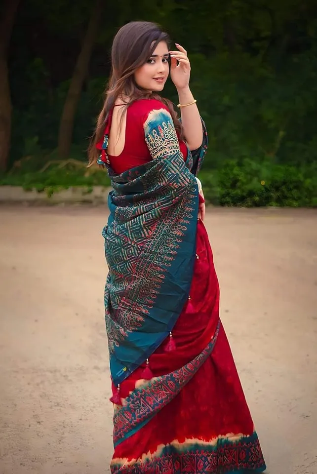 Batik Design Digital Print Soft Silk Saree with Bead Tassels