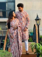 Cotton Mix Digital Print Saree and Panjabi Couple Dress, M to XL