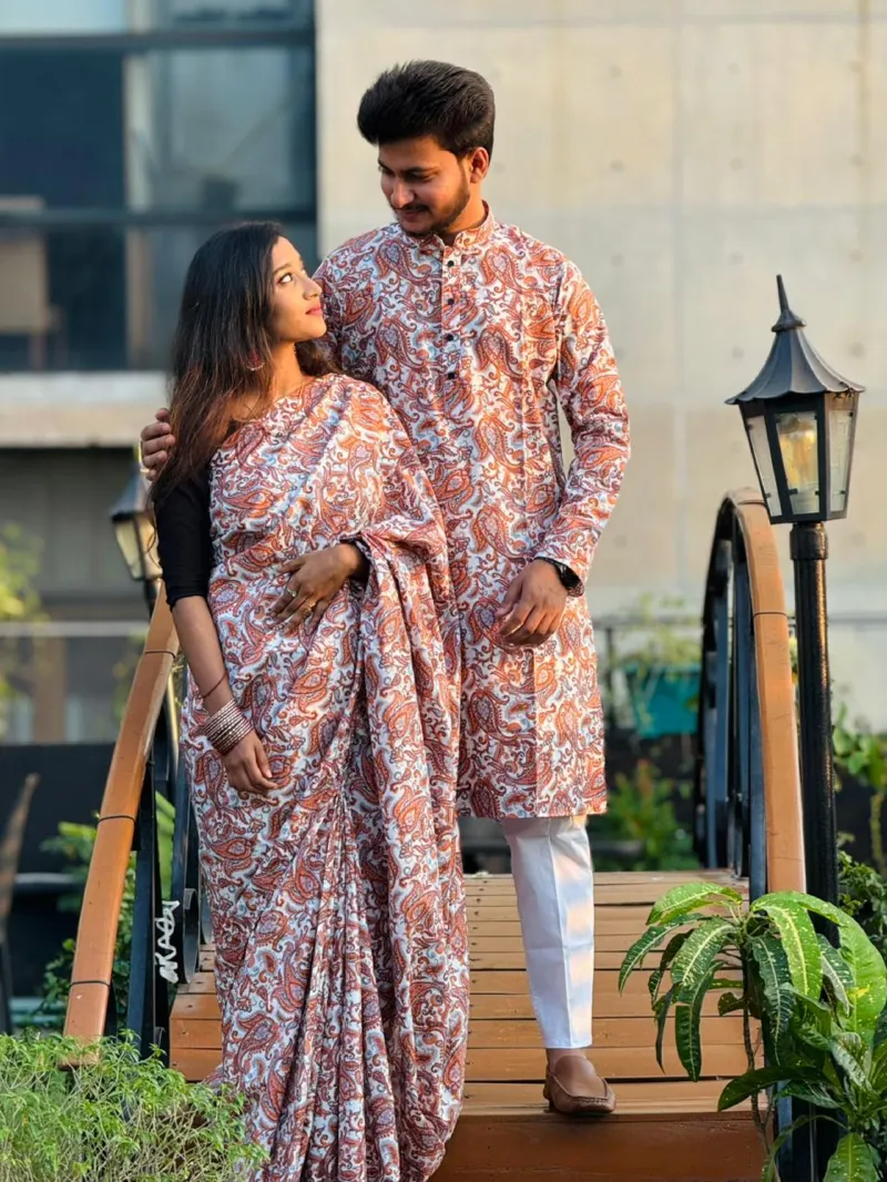Cotton Mix Digital Print Saree and Panjabi Couple Dress, M to XL