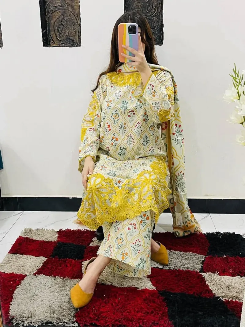 মেয়েদের পিওর কটন এমব্রয়ডারি থ্রি-পিস, 6টি রঙ