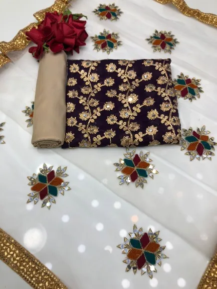 আধা সেলাই করা জর্জেট এমব্রয়ডারি থ্রি পিস, বডি 52 পর্যন্ত, 5 রং