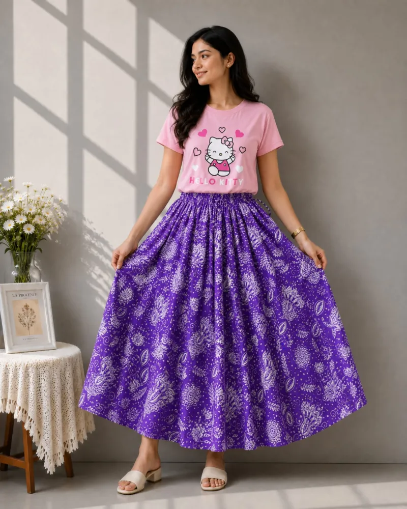 Women's Linen Skirt and DTF Print T-Shirt Set, 160 GSM Pure Cotton