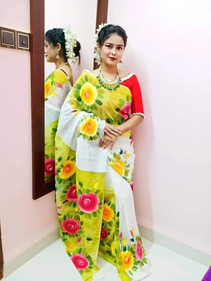 Brush Painted Half Silk Saree, Hand Work in 6 Colours