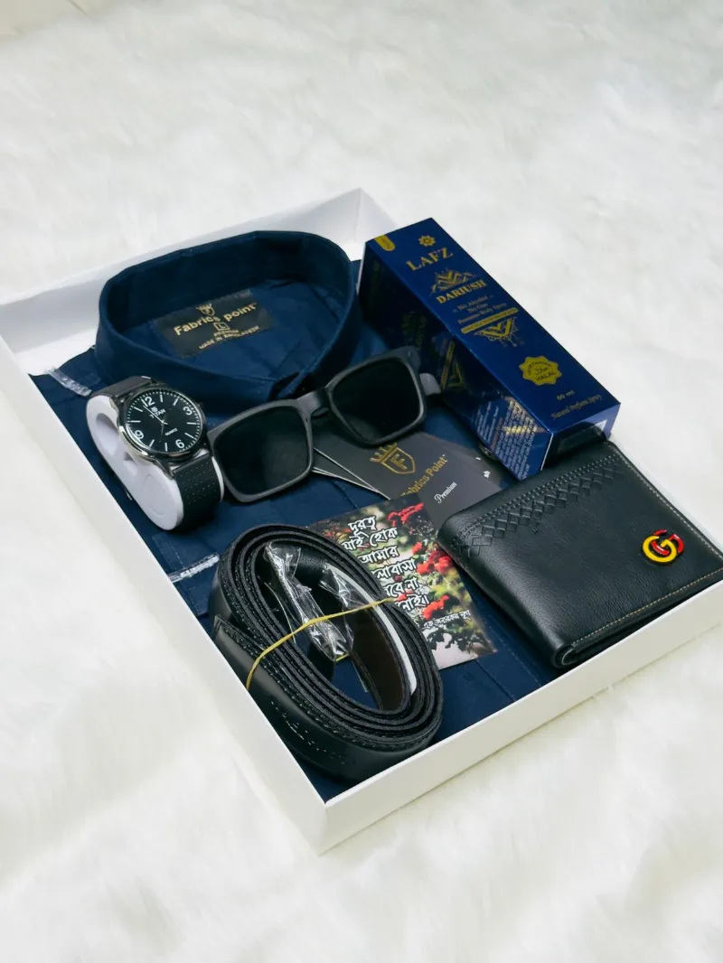 Men's Cotton Shirt Gift Set with Watch, Perfume and Gift Card