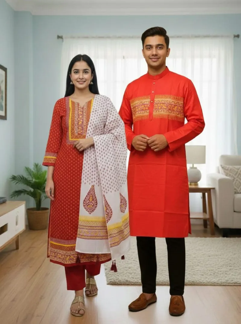 ব্লক প্রিন্ট কাপল থ্রি পিস ও ধুপিয়ান সিল্ক পাঞ্জাবি, 6 রং