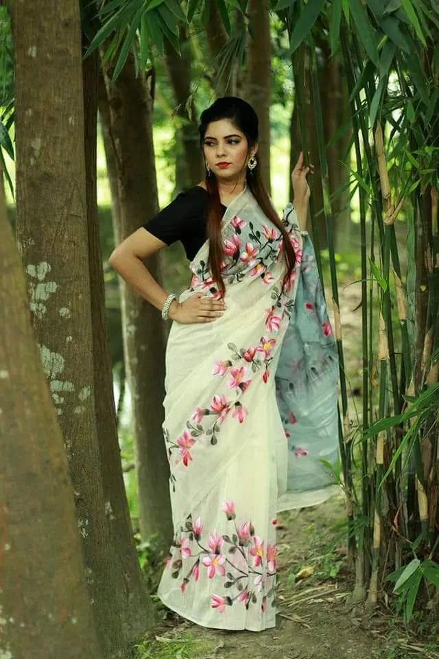 Hand Paint Brush Work Half Silk Saree in 6 Shades