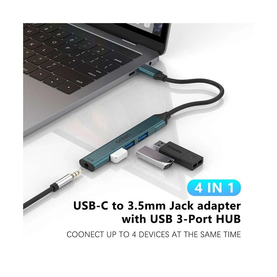 Onten OTN-9706 Type-C to Tri USB & 3.5mm Audio Converter Crystal Teal