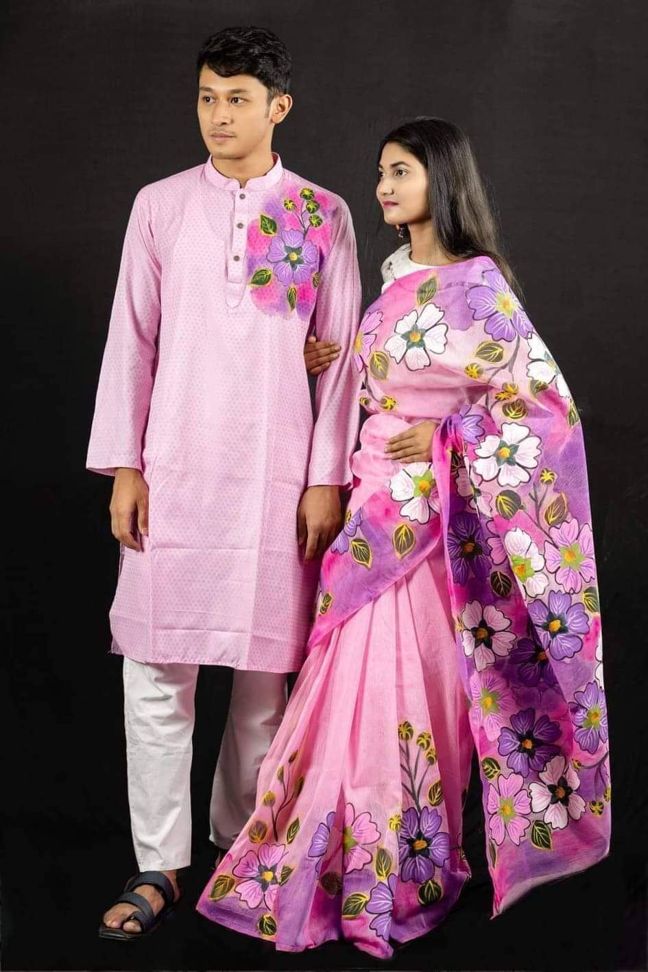 Hand Print Saree and Panjabi Couple Dress, 4 Colour Choices
