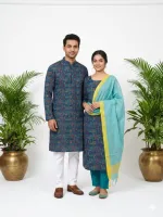 Couple Slub Cotton Three Piece and Panjabi Set, Screen Print