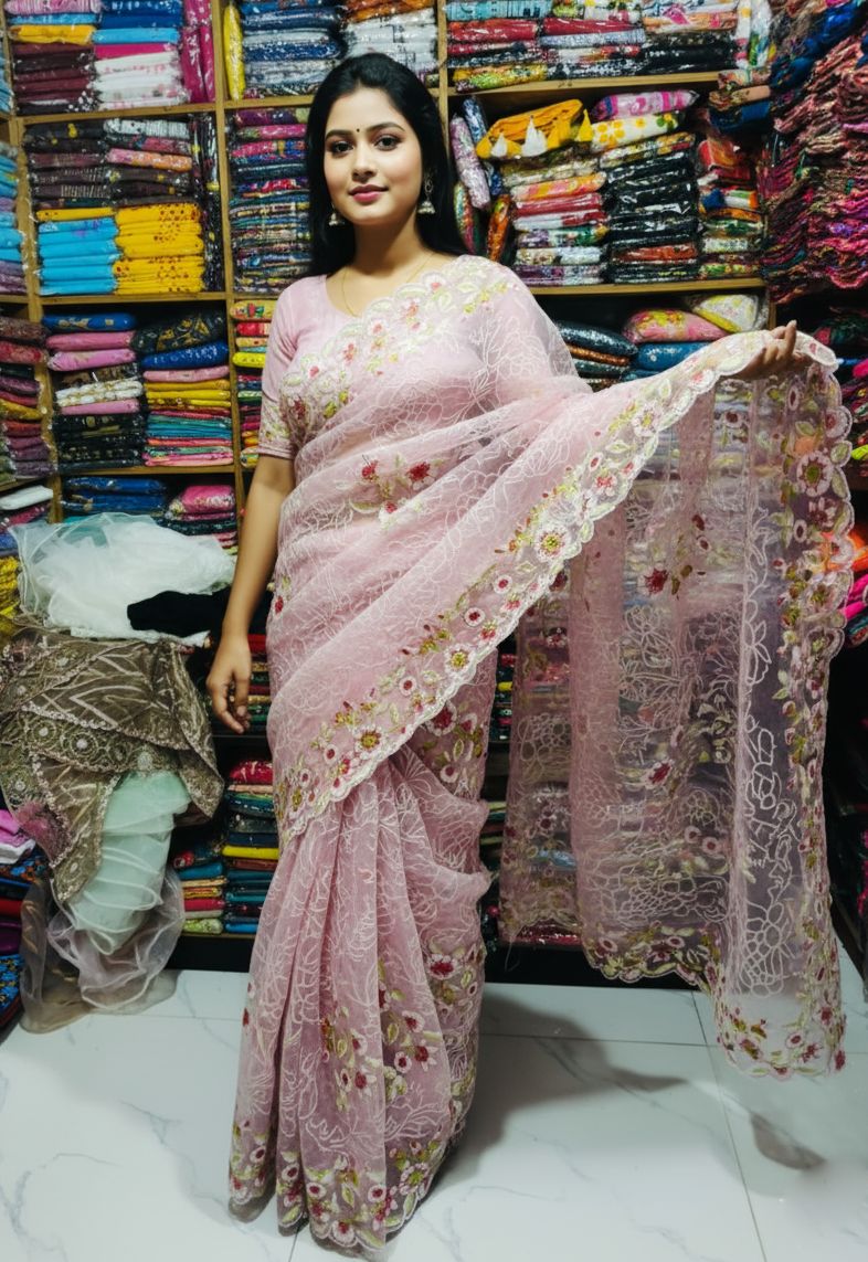 Embroidered Organza Saree for Party and Wedding, 6 Colours