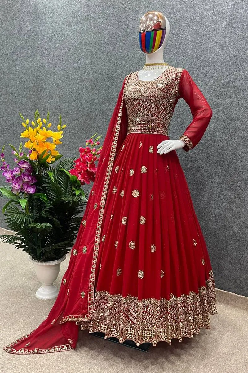 Women's Embroidered Georgette Party Dress, 56 Inch Kameez, 5 Colours