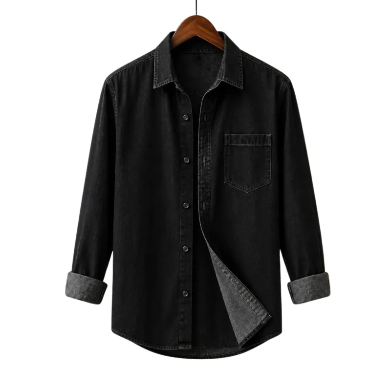 Men's Denim Long Sleeve Shirt with Single Pocket, Regular Fit