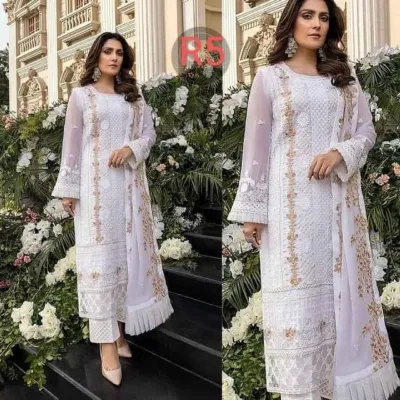 আনস্টিচড এমব্রয়ডারি ফোর পিস, বাটার সিল্ক সালোয়ার ও ইনার