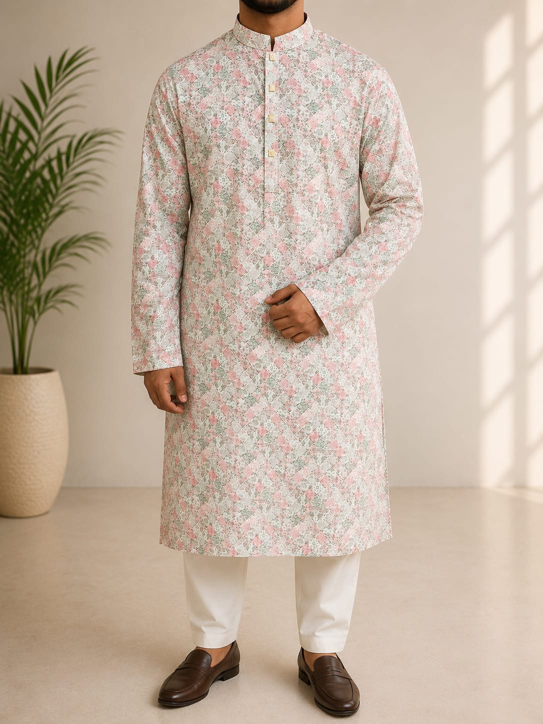 Men's Pure Cotton Printed Panjabi, Sizes 38 to 44