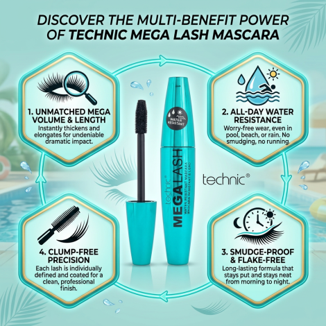 Technic Mega Lash ওয়াটার রেজিস্ট্যান্ট মাসকারা Black - 12ml