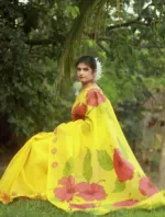 মহিলাদের 12 হাত হাফ সিল্ক শাড়ি, হ্যান্ড প্রিন্ট কাজ