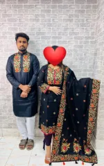 Two Piece and Dhupian Silk Panjabi Couple Set, Block Print