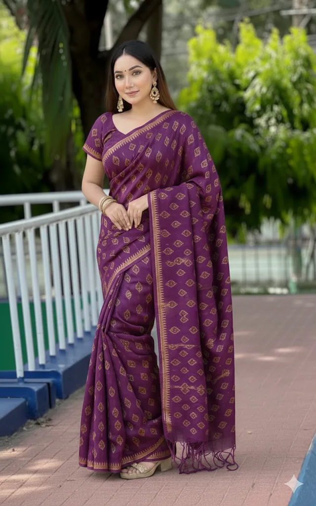 রাবার স্ক্রিন প্রিন্টের সুতি শাড়ি, 14 হাত