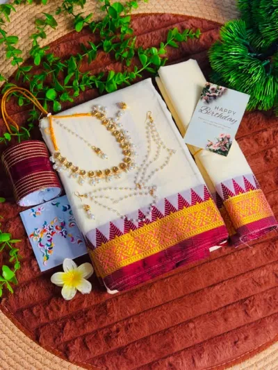 Nakshi Paar Saree Gift Combo with Bangles, Kundan Set and Jhumka