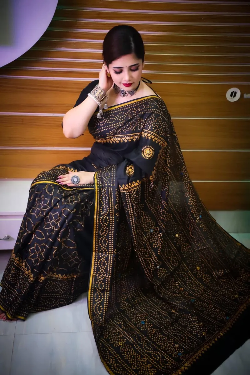 Reshmi Silk Saree with Chunri Block Print and Dollar Work